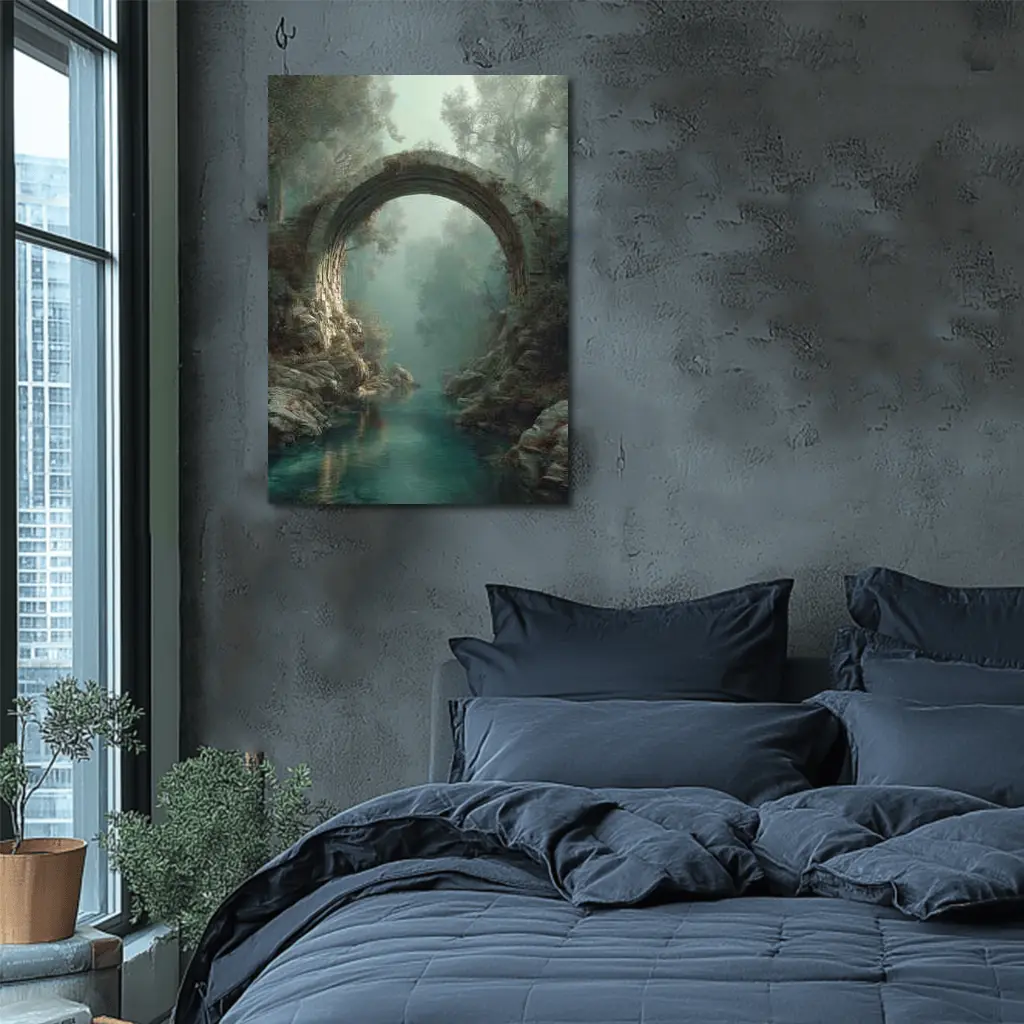 Ancient Stone Arch Bridge Misty Forest River – Wall Art