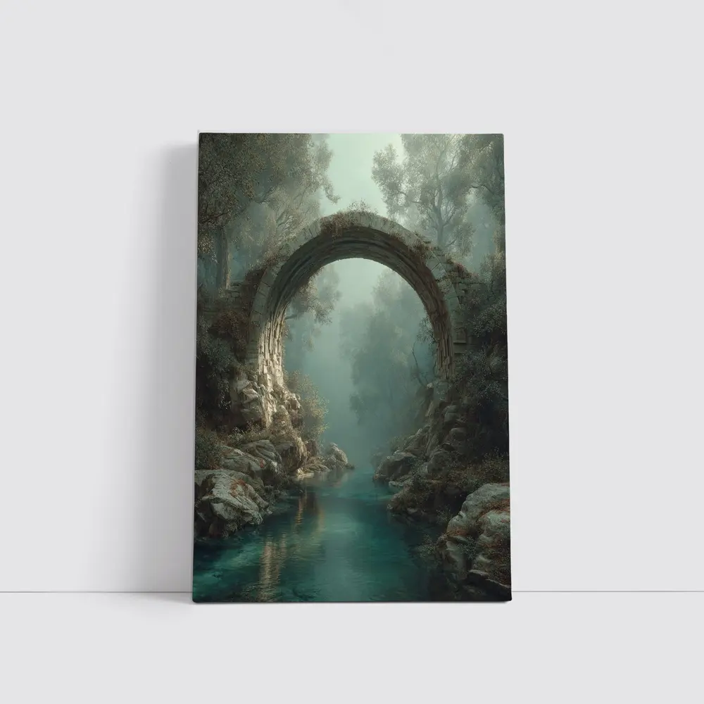 Ancient Stone Arch Bridge Misty Forest River – Wall Art
