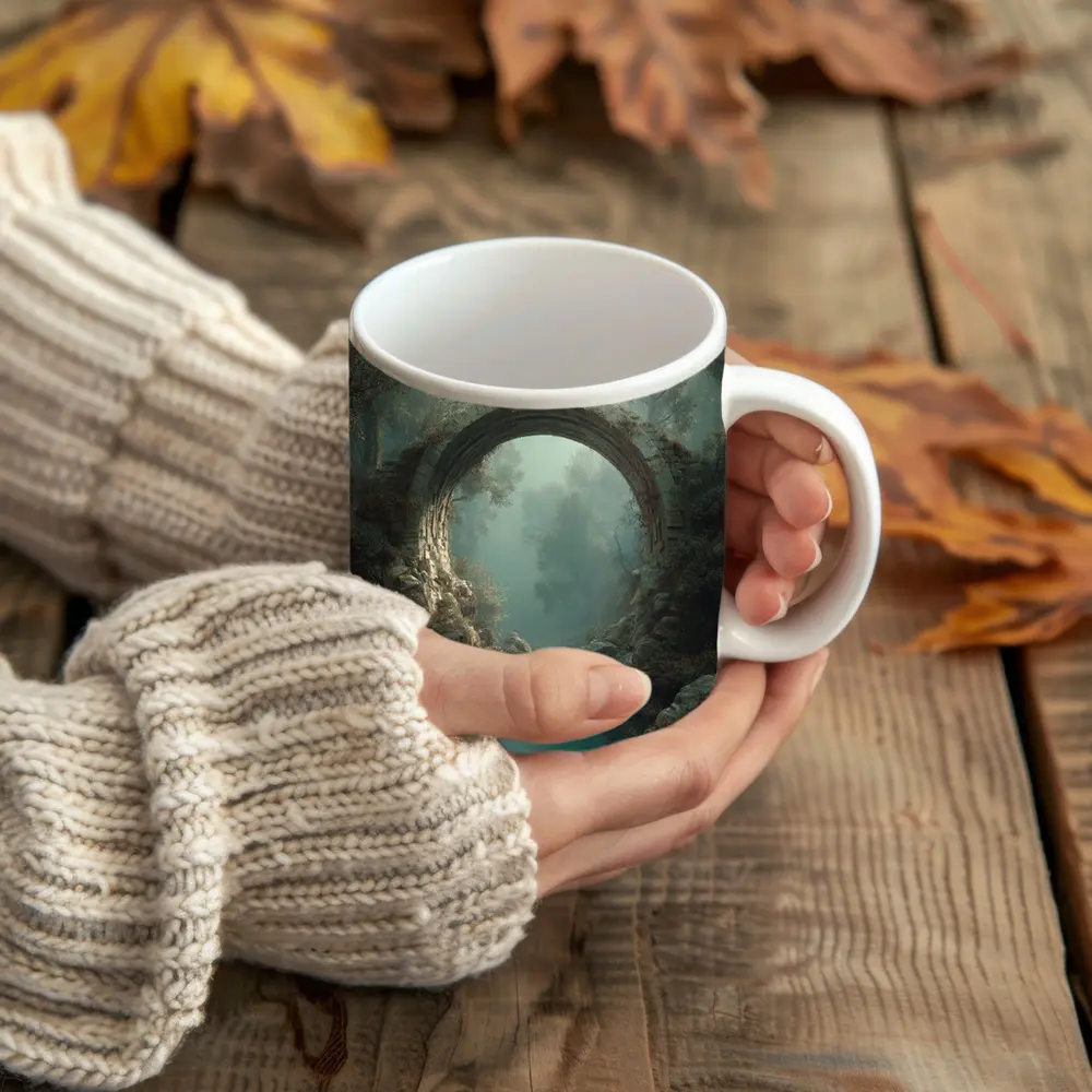 Ancient Stone Arch Bridge Misty Forest River – Mugs