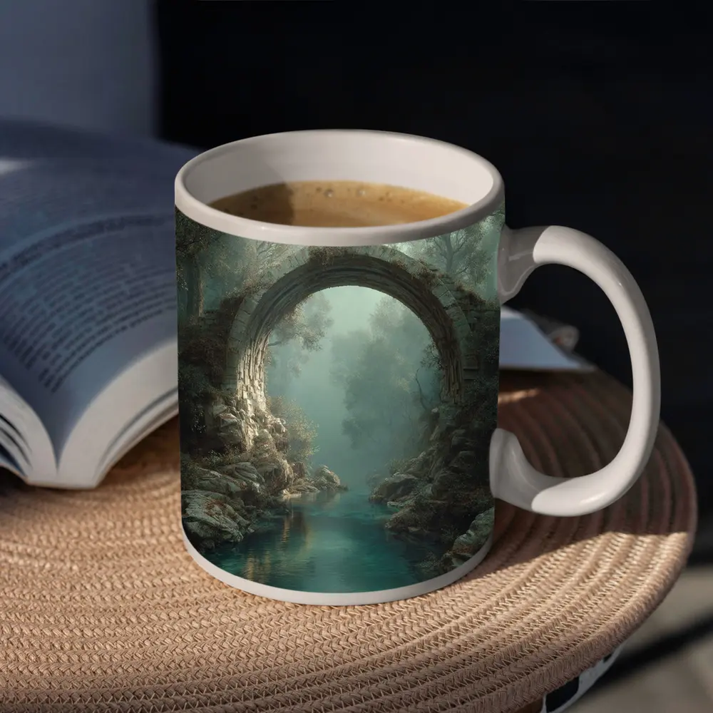 Ancient Stone Arch Bridge Misty Forest River – Mugs