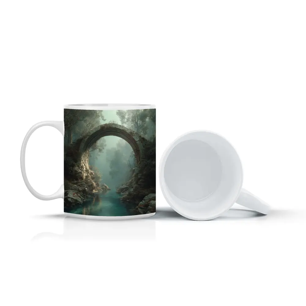 Ancient Stone Arch Bridge Misty Forest River – Mugs