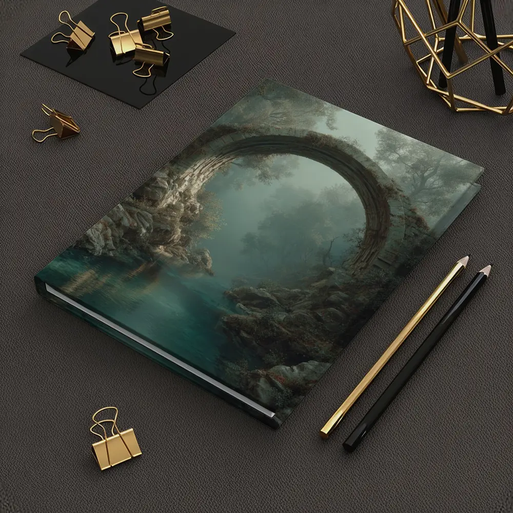 Ancient Stone Arch Bridge Misty Forest River – Notebooks