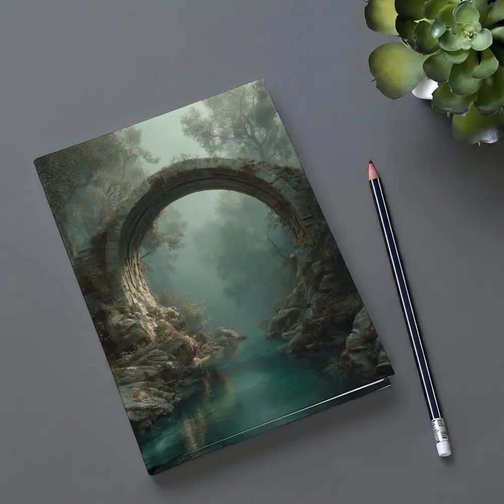 Ancient Stone Arch Bridge Misty Forest River – Notebooks