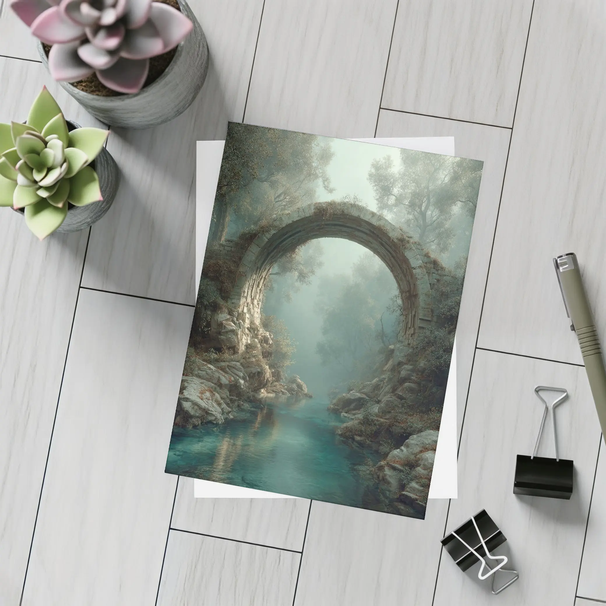 Ancient Stone Arch Bridge Misty Forest River – Postcards