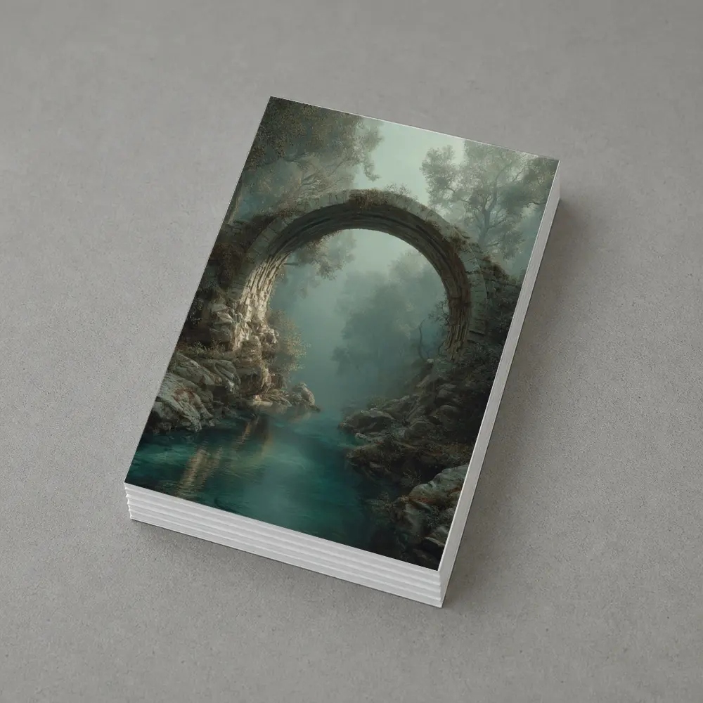 Ancient Stone Arch Bridge Misty Forest River – Postcards