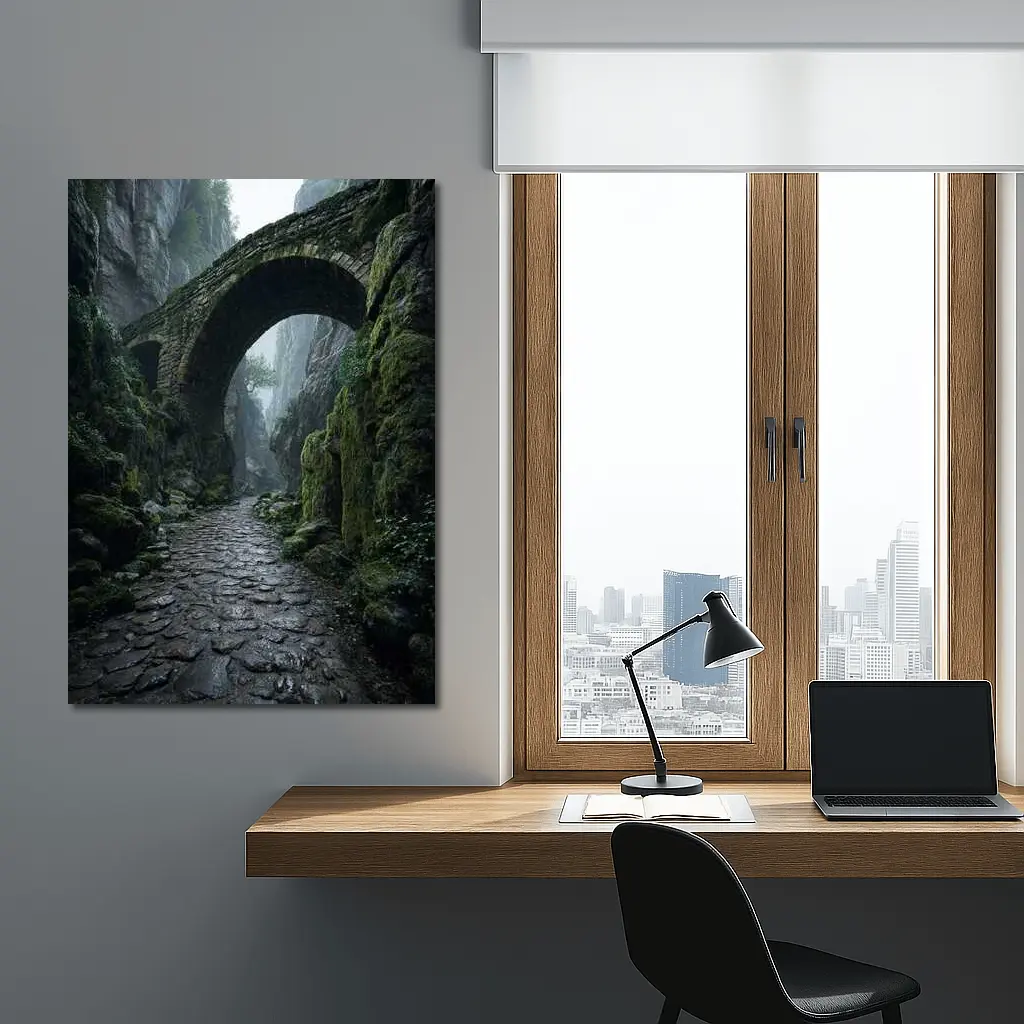 Ancient Stone Bridge Misty Canyon Path – Wall Art