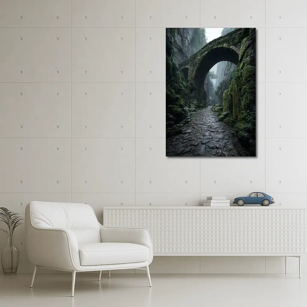 Ancient Stone Bridge Misty Canyon Path – Wall Art