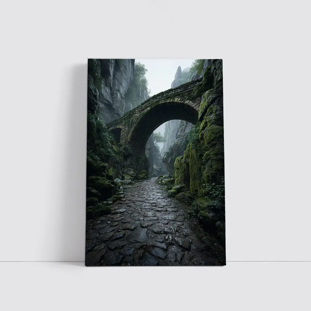 Ancient Stone Bridge Misty Canyon Path – Wall Art