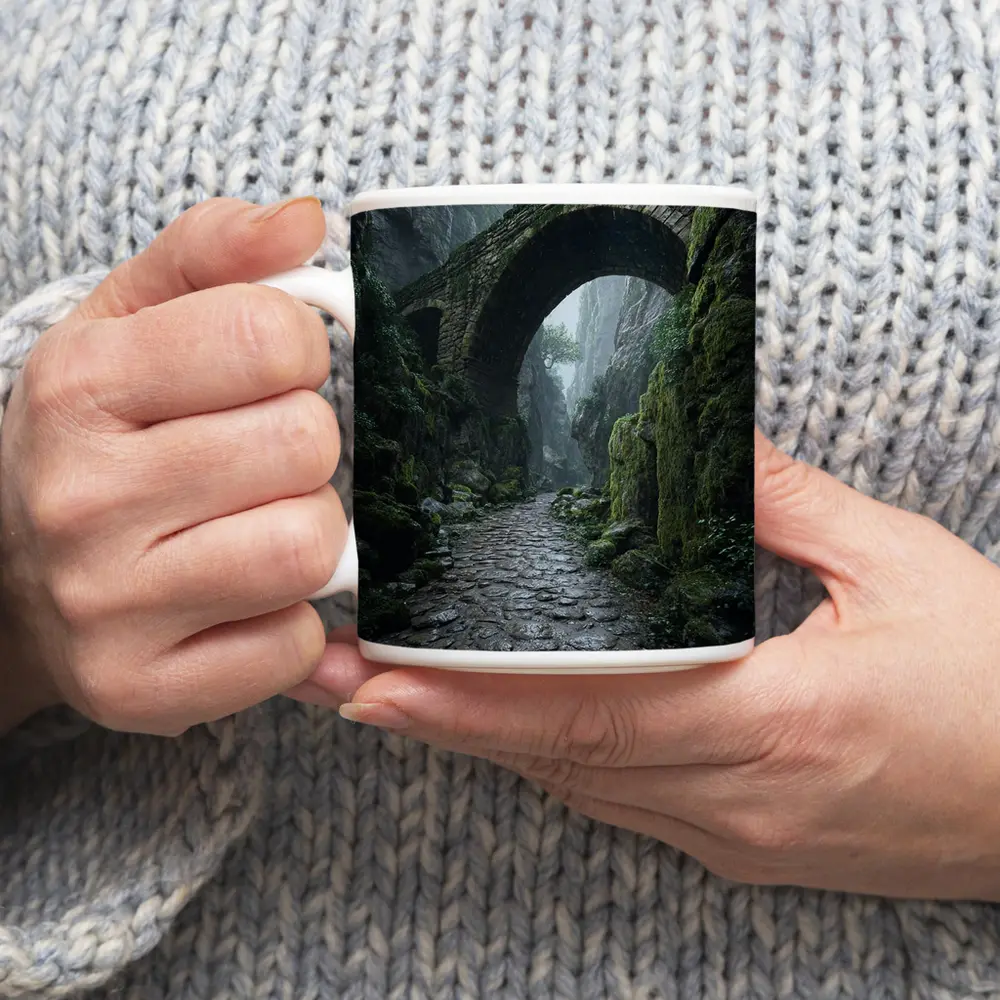 Ancient Stone Bridge Misty Canyon Path – Mugs