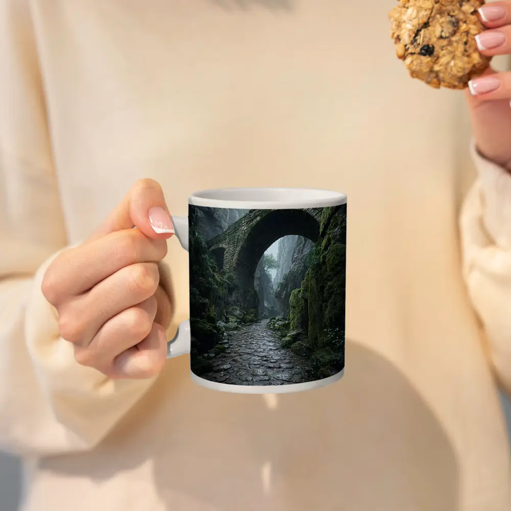 Ancient Stone Bridge Misty Canyon Path – Mugs