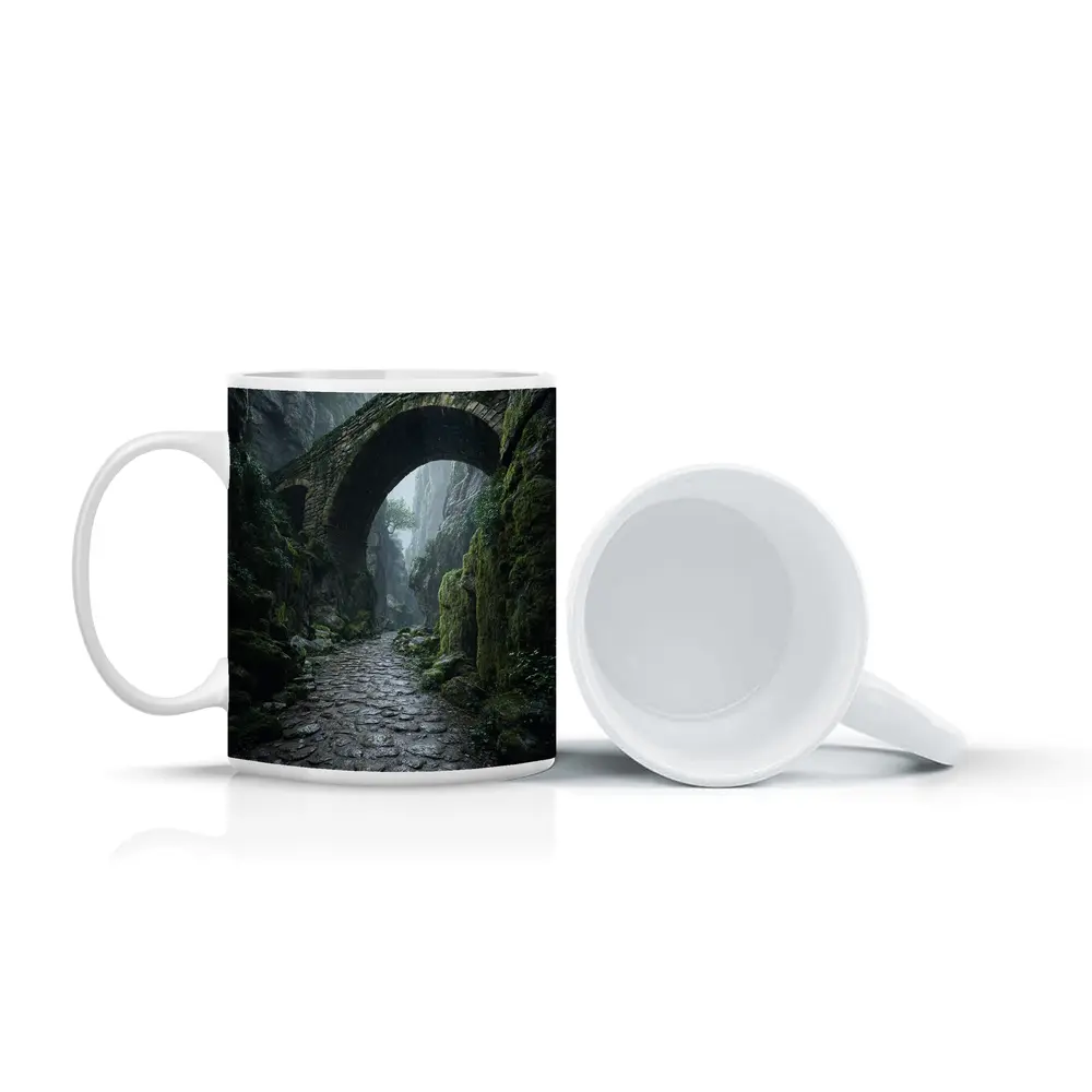 Ancient Stone Bridge Misty Canyon Path – Mugs