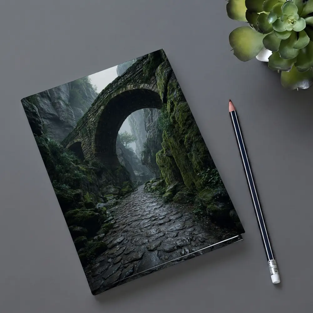 Ancient Stone Bridge Misty Canyon Path – Notebooks