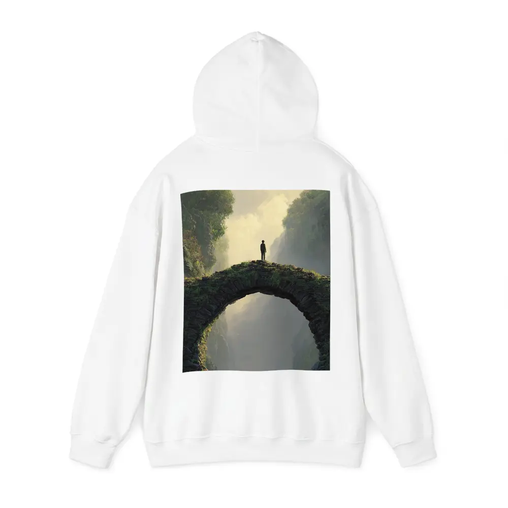 Lone Figure Standing on Ancient Stone Bridge – Hoodies