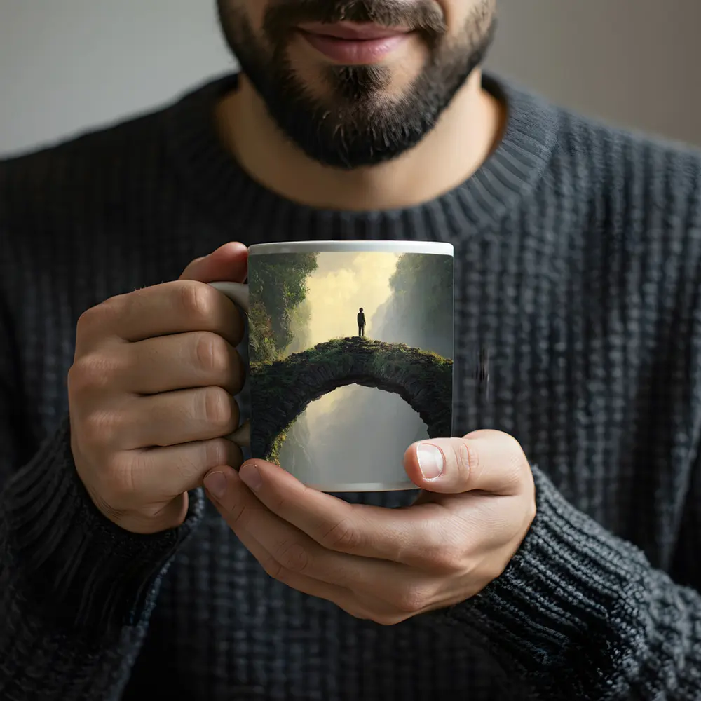 Lone Figure Standing on Ancient Stone Bridge – Mugs