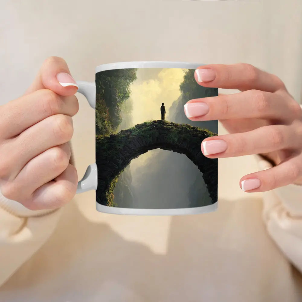 Lone Figure Standing on Ancient Stone Bridge – Mugs