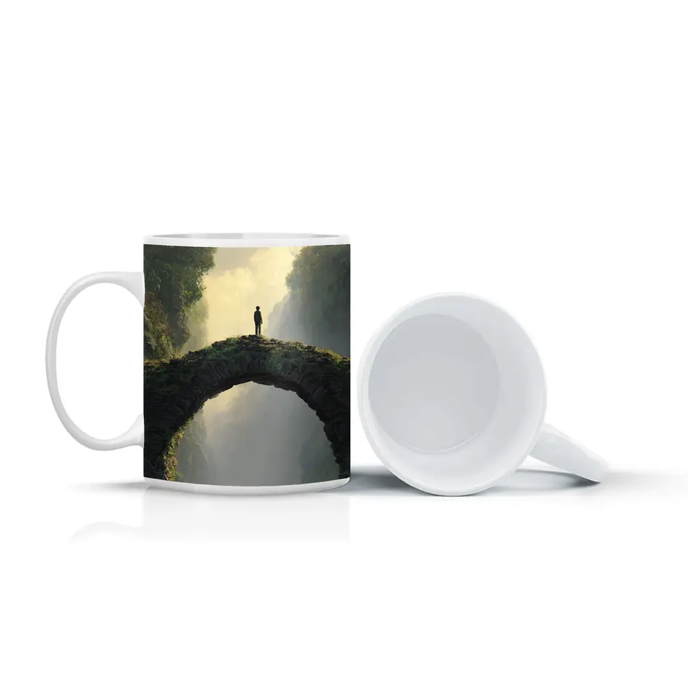 Lone Figure Standing on Ancient Stone Bridge – Mugs