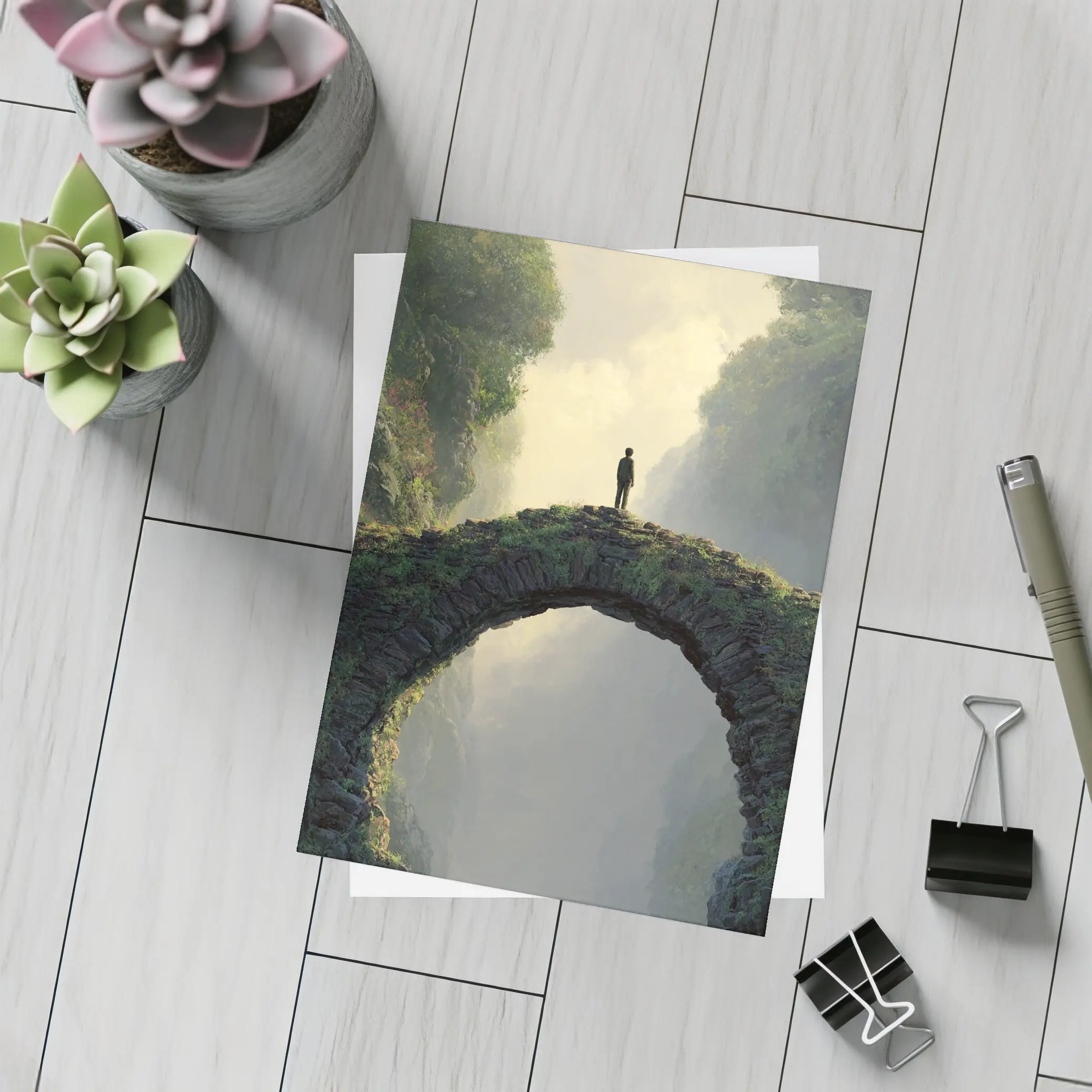 Lone Figure Standing on Ancient Stone Bridge – Postcards