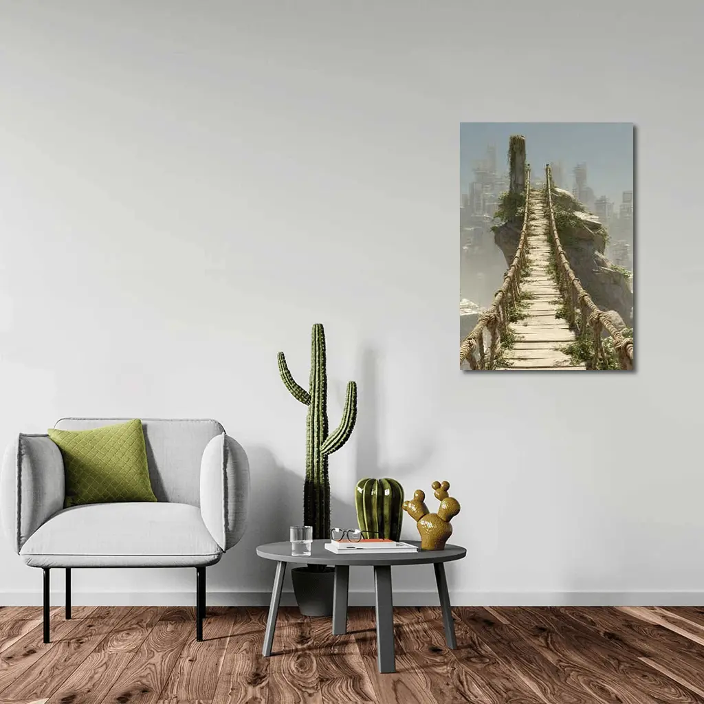 Rope Bridge Ruins Overgrown Post Apocalyptic City – Wall Art