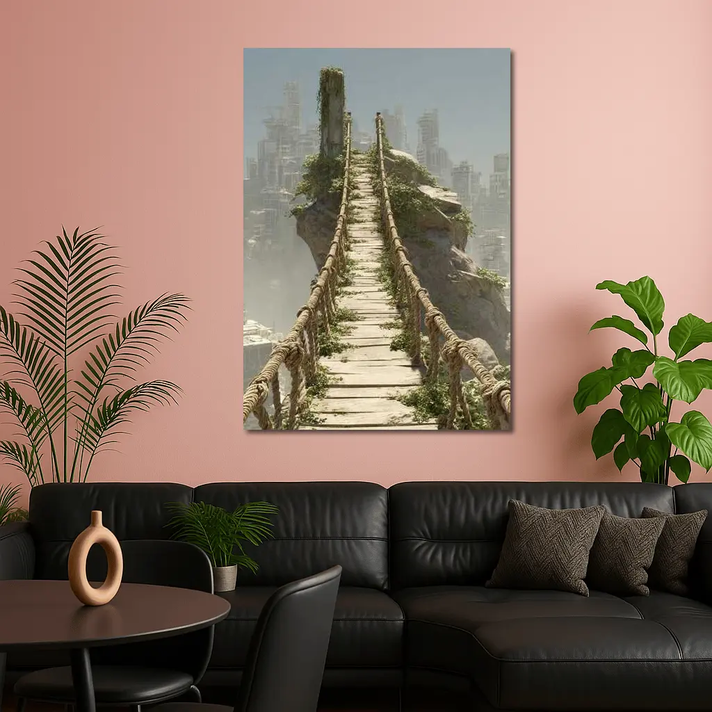 Rope Bridge Ruins Overgrown Post Apocalyptic City – Wall Art