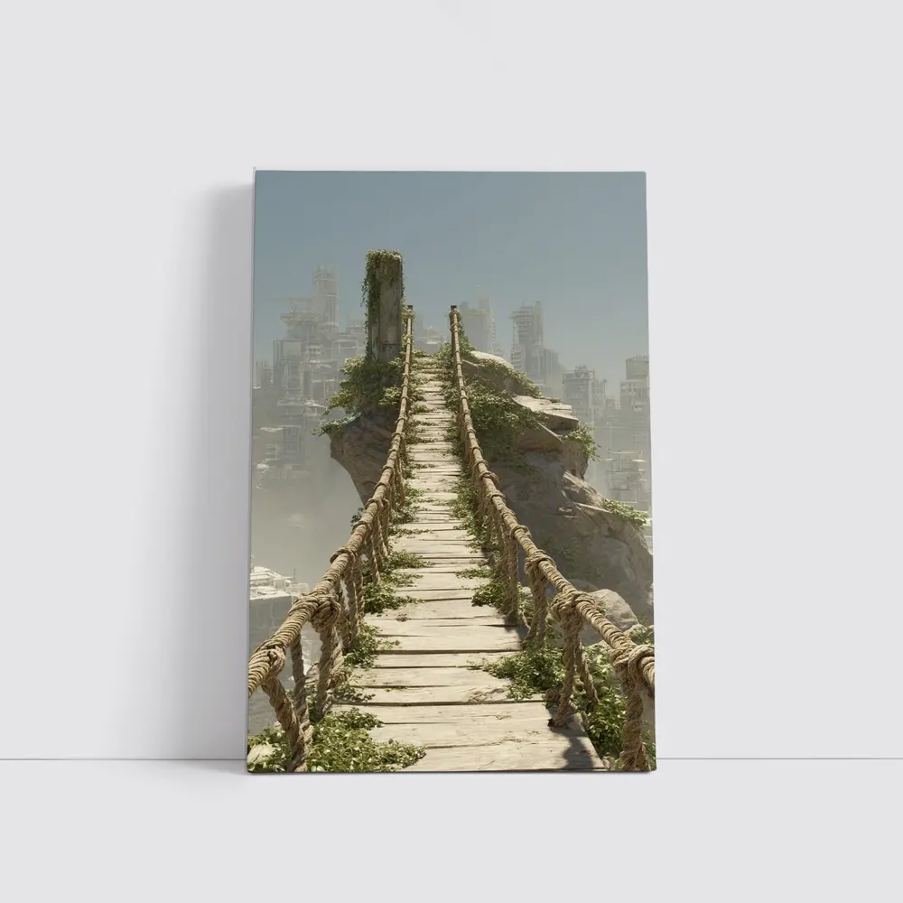 Rope Bridge Ruins Overgrown Post Apocalyptic City – Wall Art