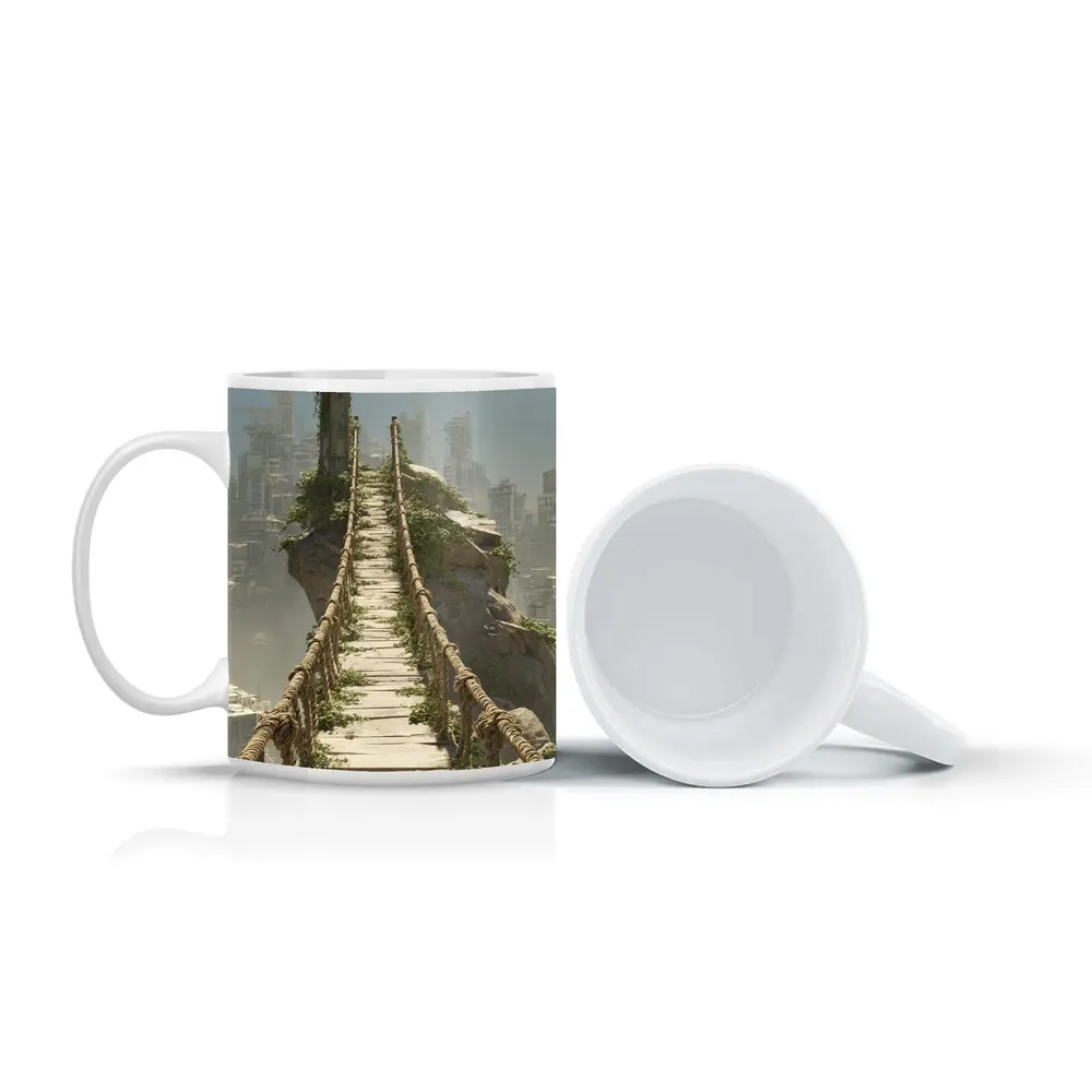 Rope Bridge Ruins Overgrown Post Apocalyptic City – Mugs