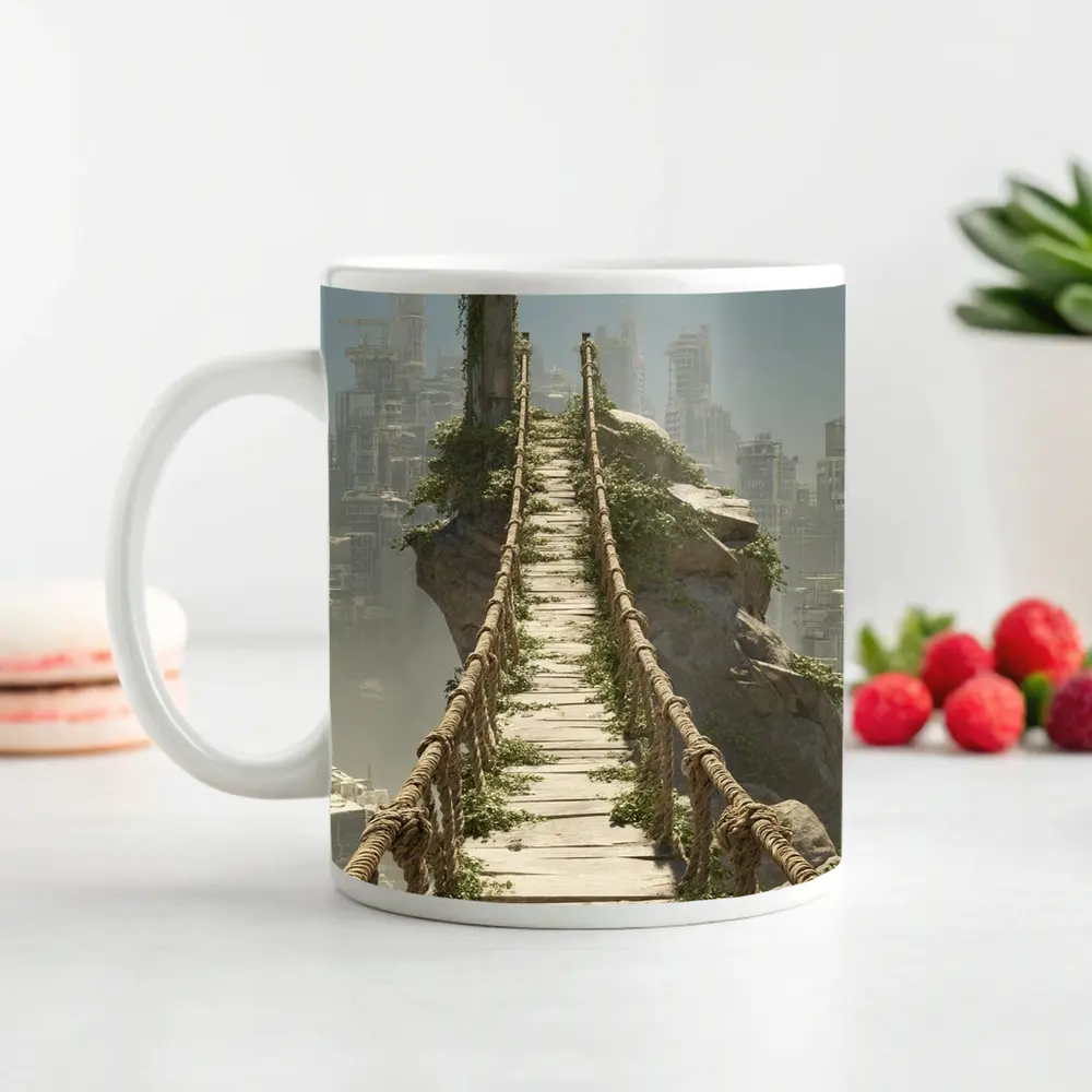 Rope Bridge Ruins Overgrown Post Apocalyptic City – Mugs