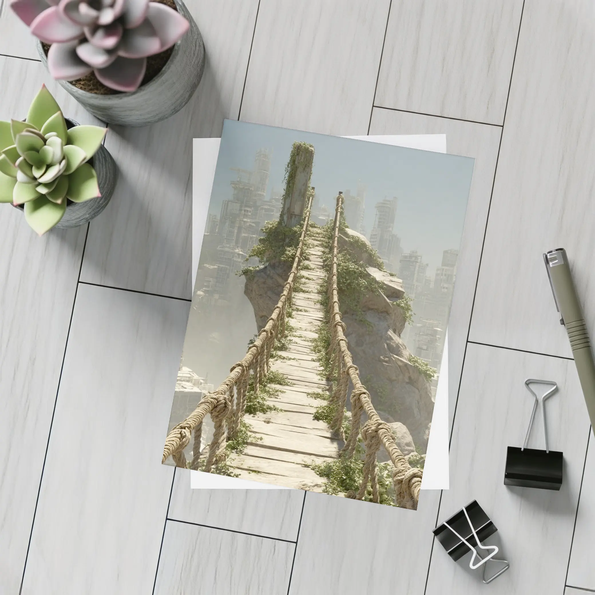 Rope Bridge Ruins Overgrown Post Apocalyptic City – Postcards
