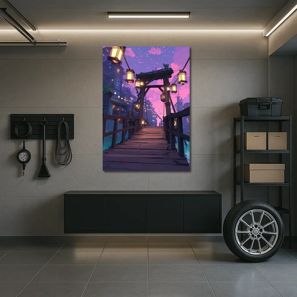 Anime Wooden Bridge Lanterns Purple Night – Wall Art