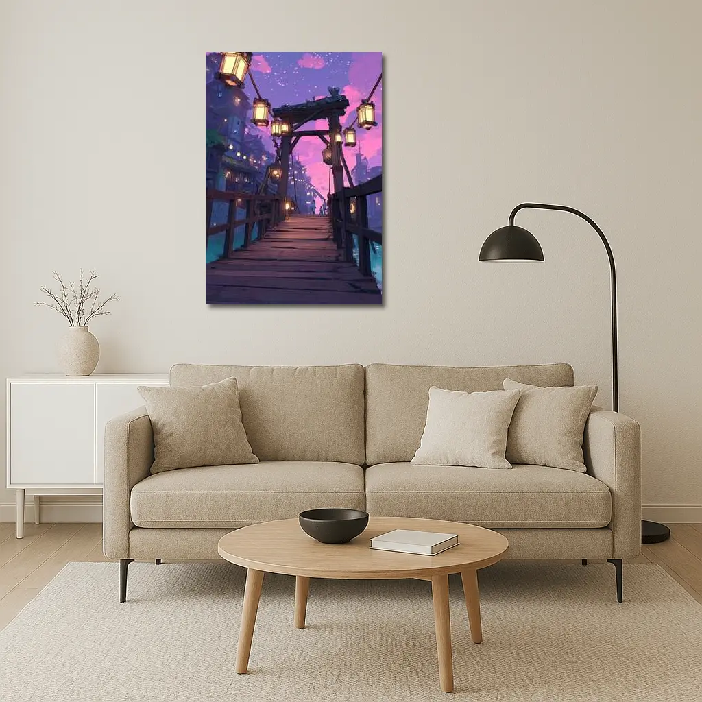 Anime Wooden Bridge Lanterns Purple Night – Wall Art