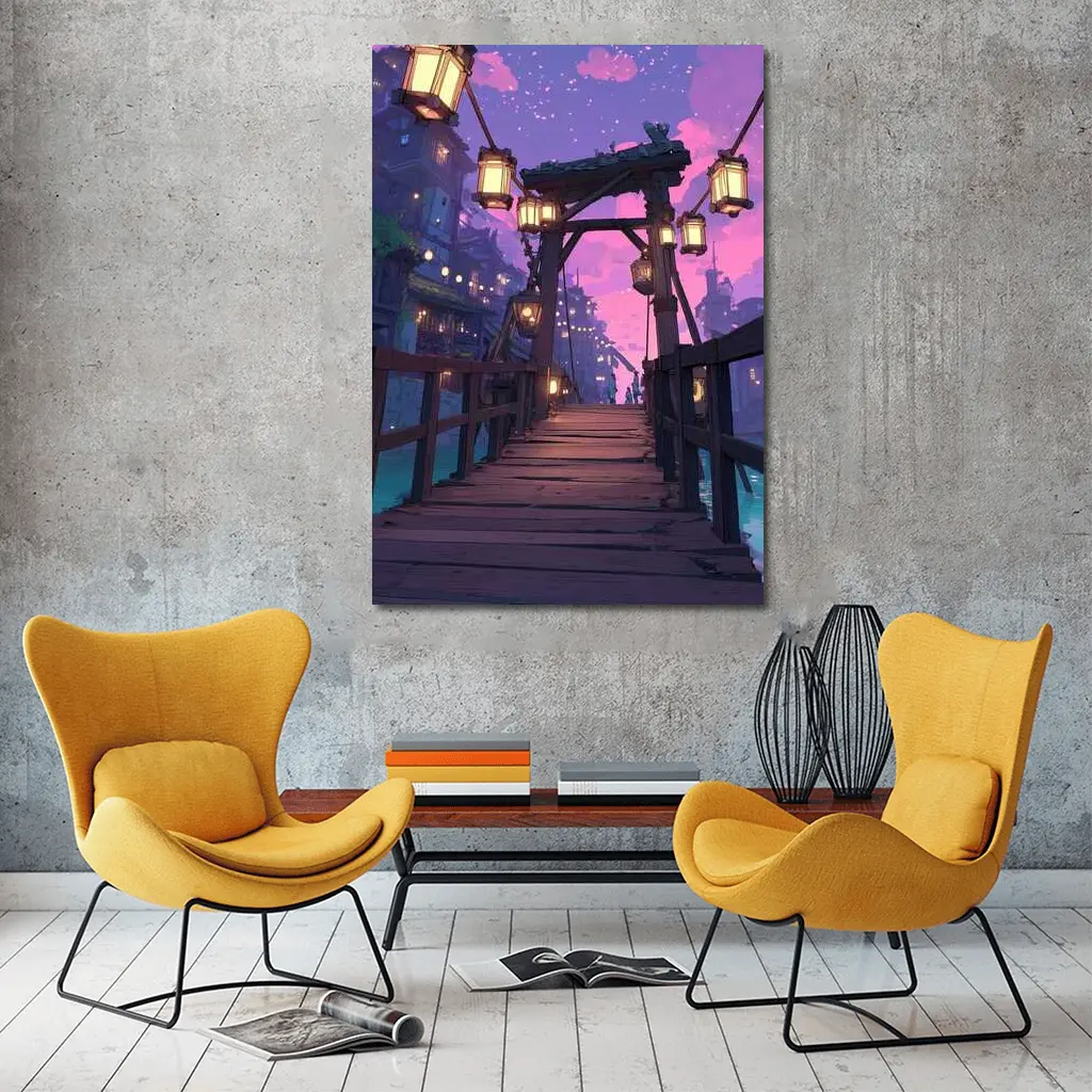 Anime Wooden Bridge Lanterns Purple Night – Wall Art