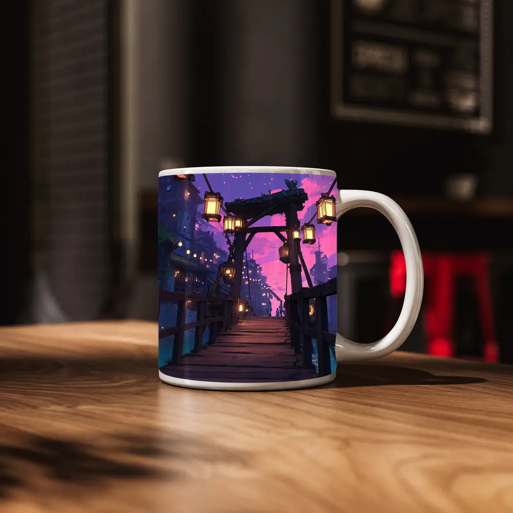 Anime Wooden Bridge Lanterns Purple Night – Mugs