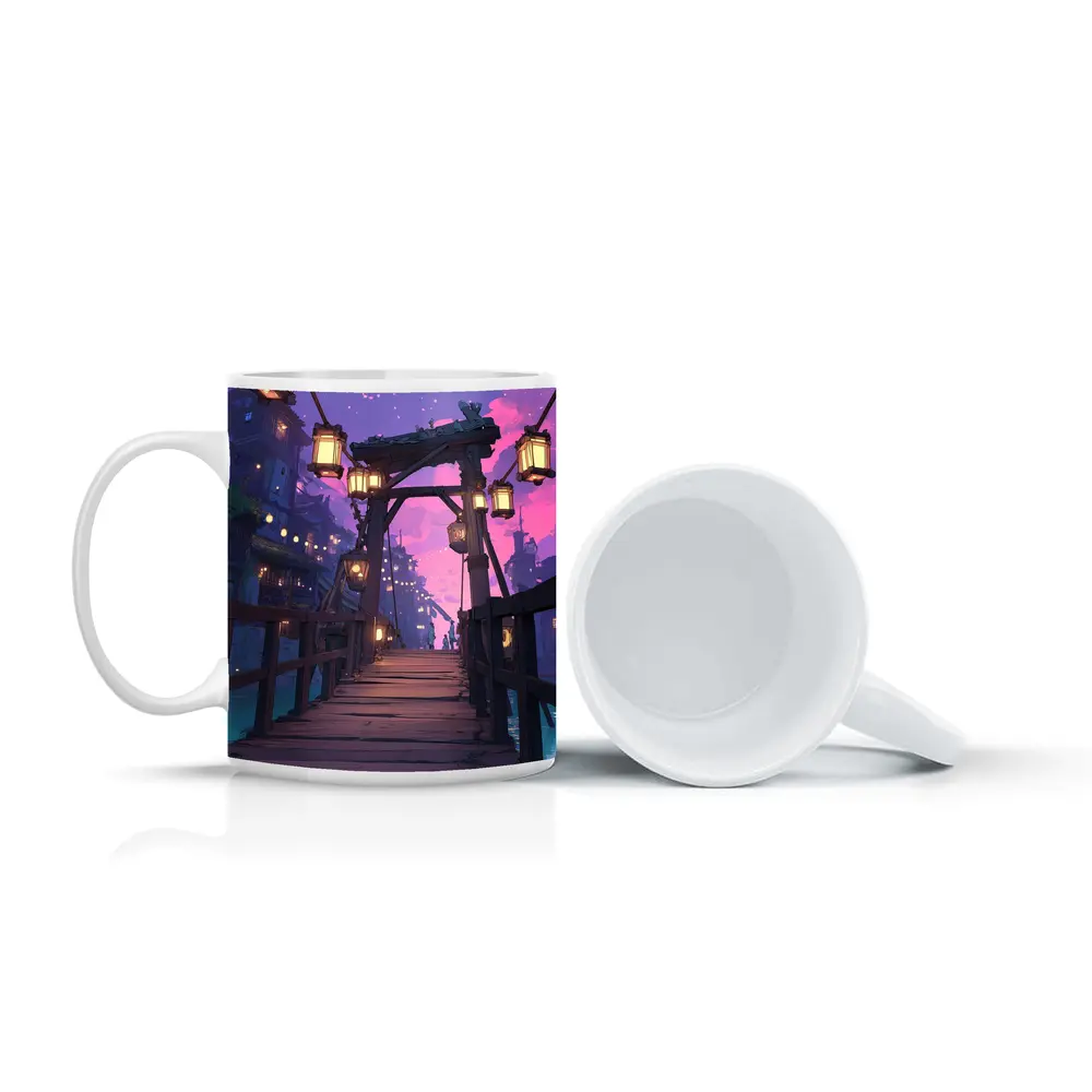 Anime Wooden Bridge Lanterns Purple Night – Mugs