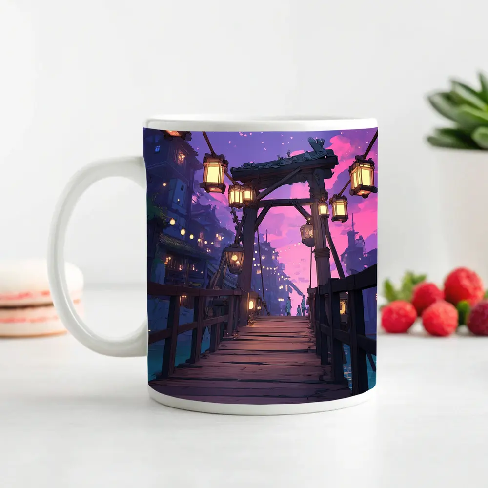Anime Wooden Bridge Lanterns Purple Night – Mugs