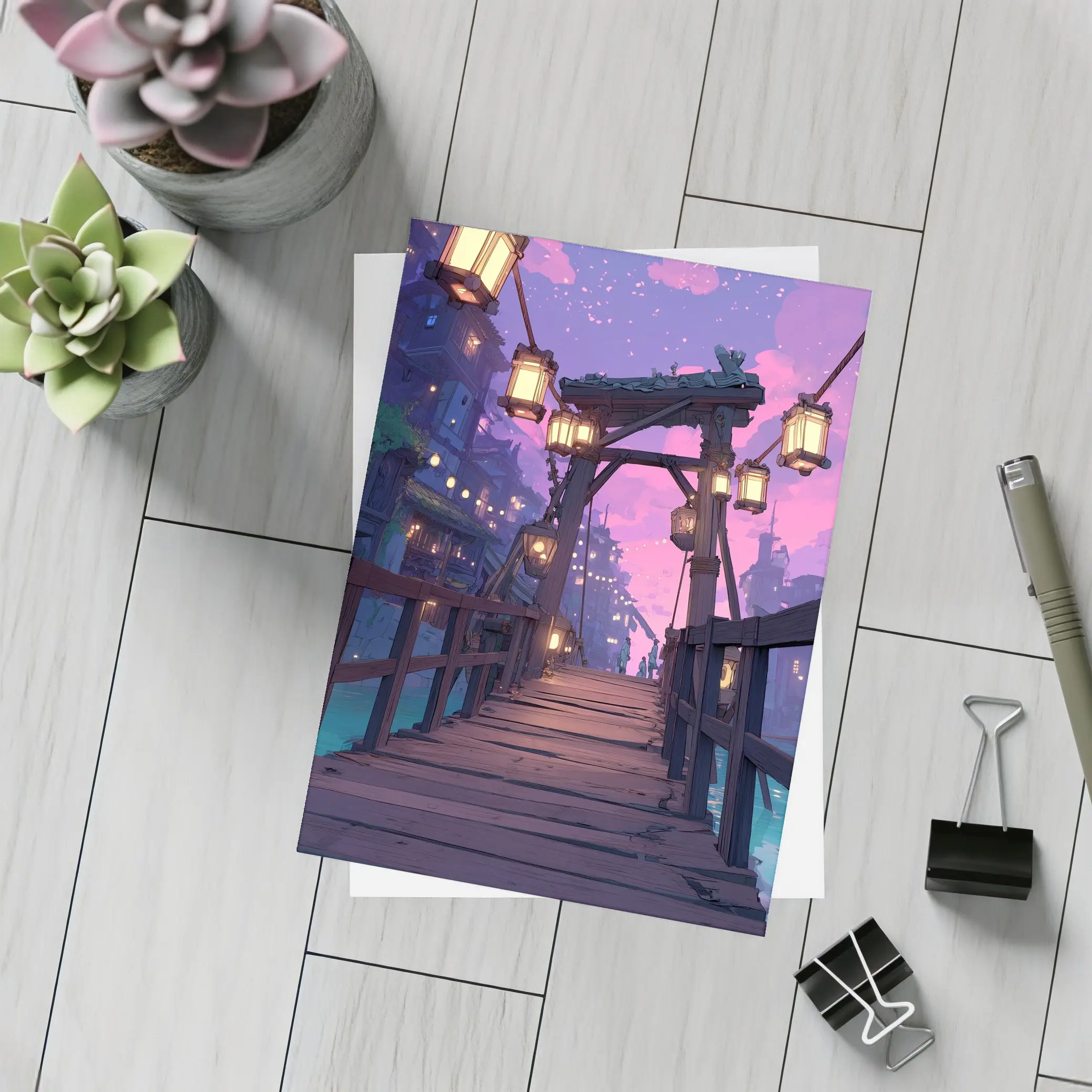 Anime Wooden Bridge Lanterns Purple Night – Postcards