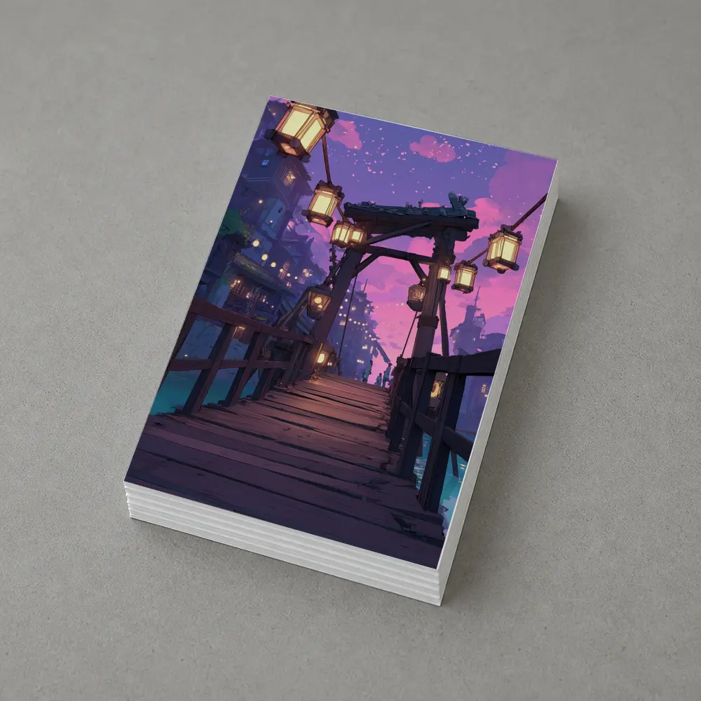 Anime Wooden Bridge Lanterns Purple Night – Postcards