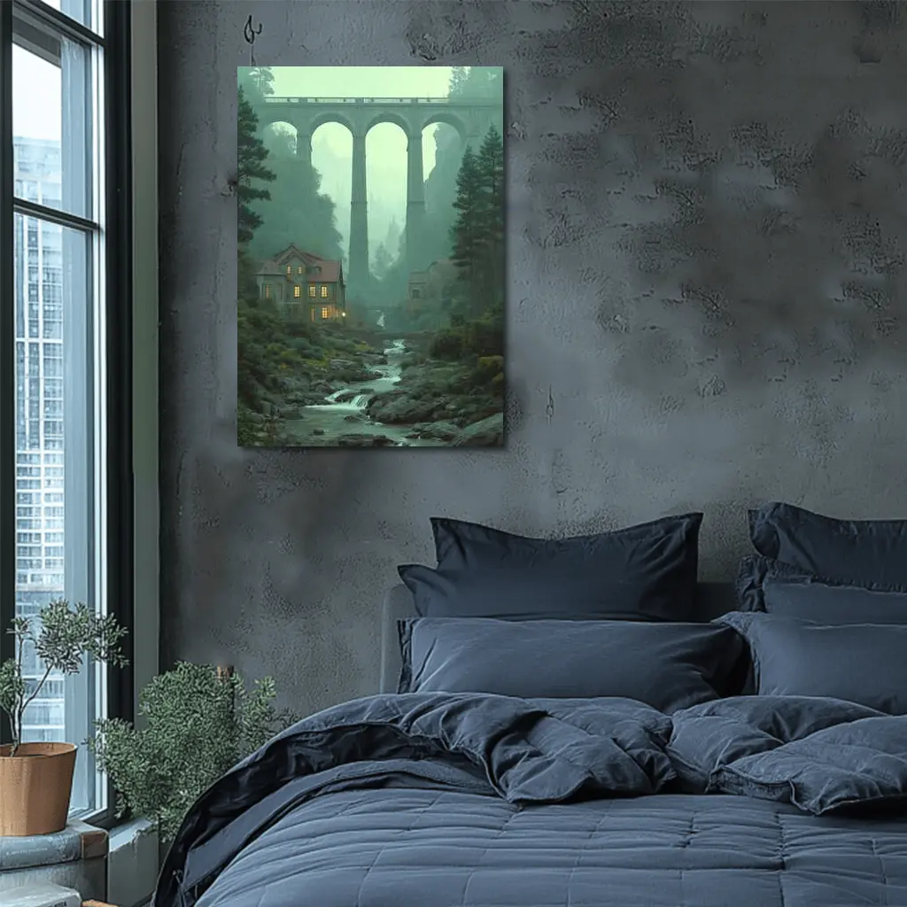 Stone Viaduct Bridge Forest River Misty Landscape – Wall Art