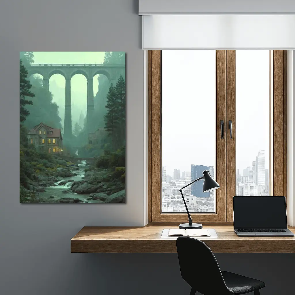 Stone Viaduct Bridge Forest River Misty Landscape – Wall Art