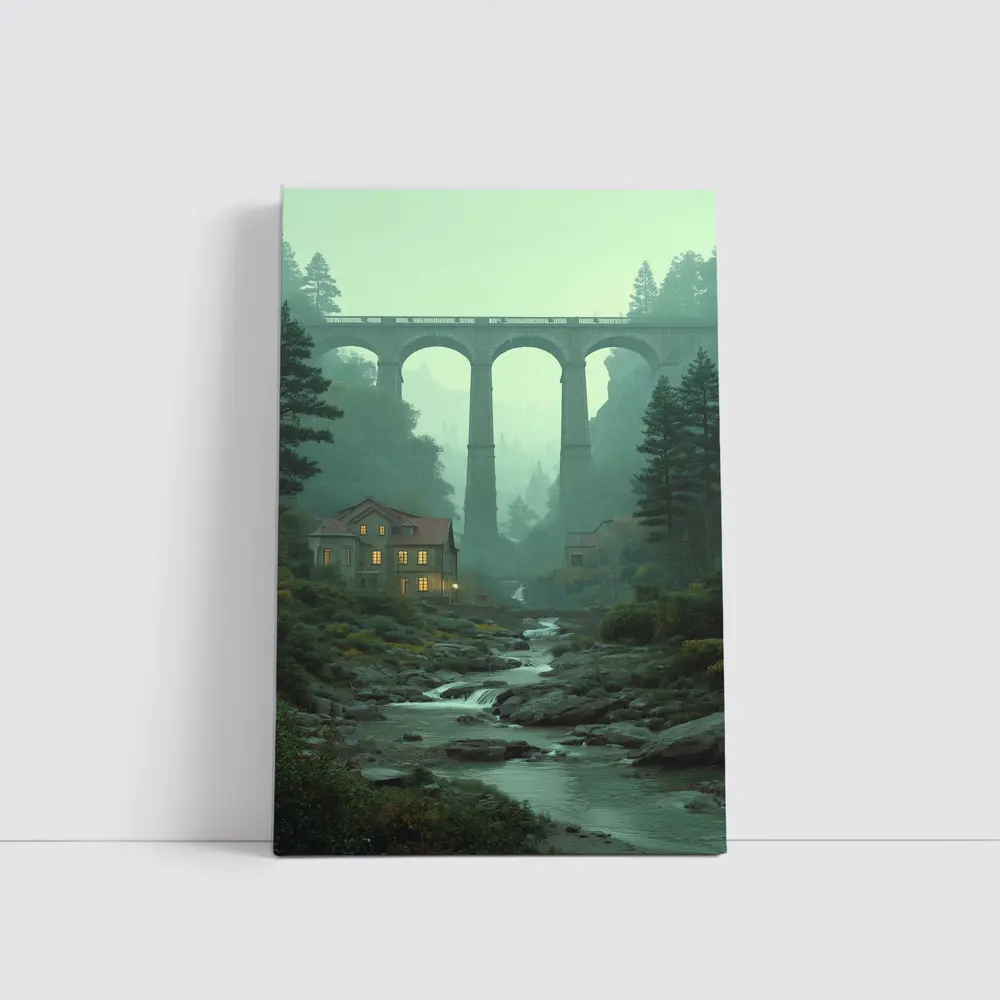 Stone Viaduct Bridge Forest River Misty Landscape – Wall Art