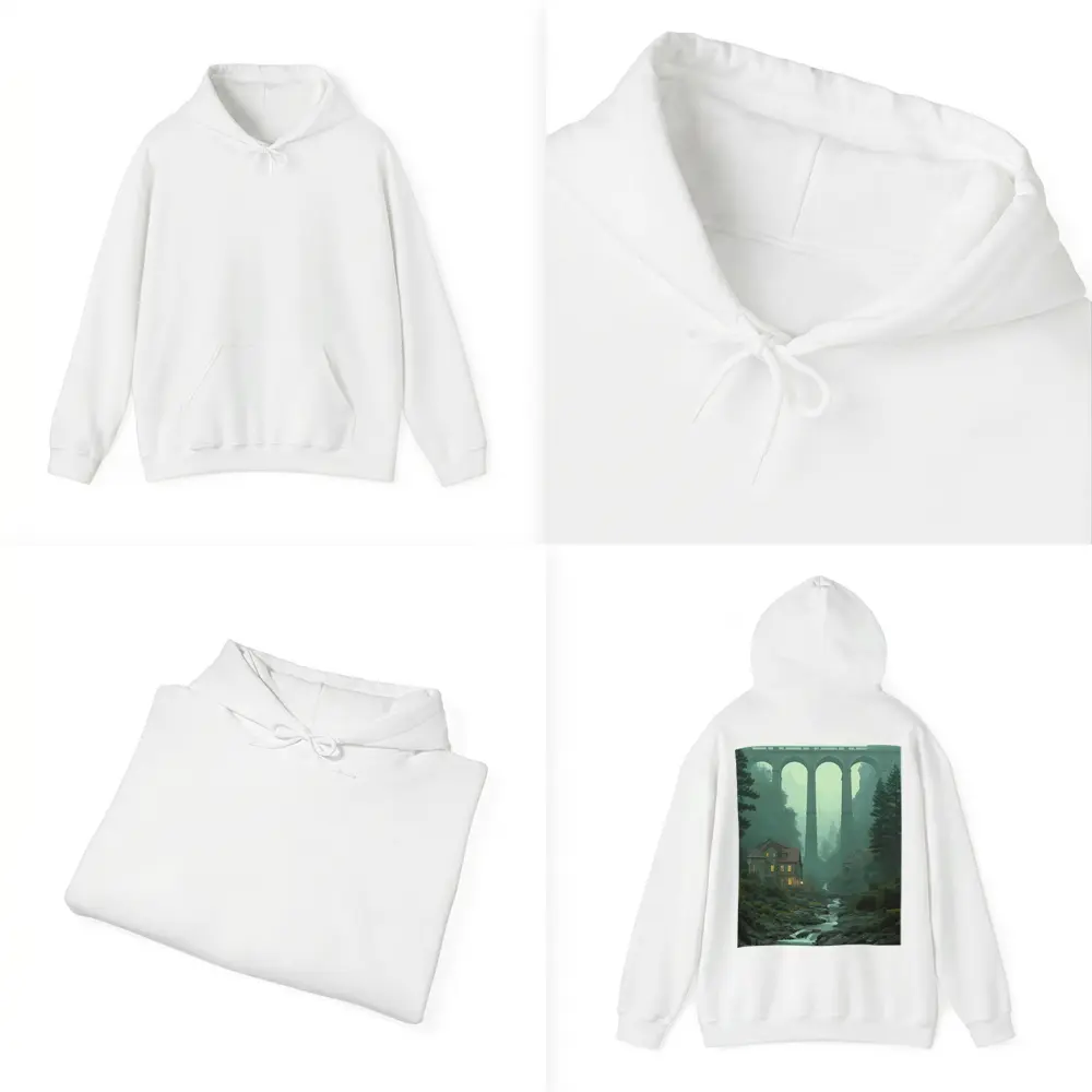 Stone Viaduct Bridge Forest River Misty Landscape – Hoodies