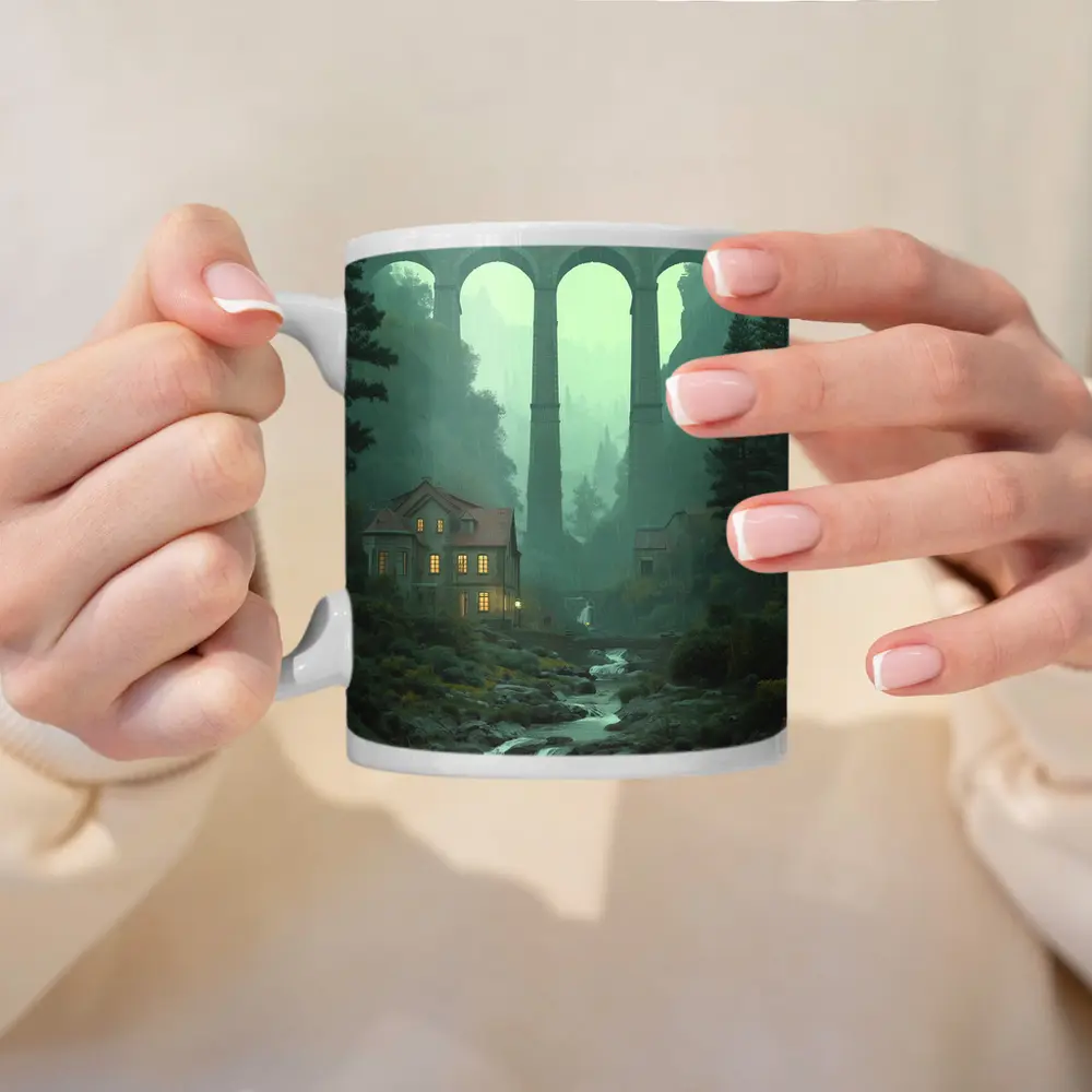 Stone Viaduct Bridge Forest River Misty Landscape – Mugs