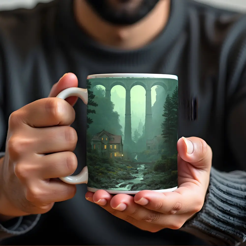 Stone Viaduct Bridge Forest River Misty Landscape – Mugs