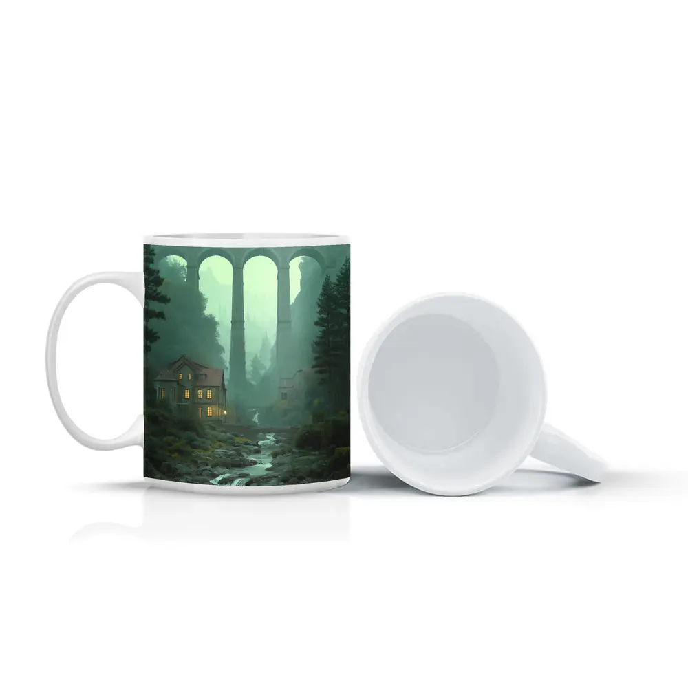 Stone Viaduct Bridge Forest River Misty Landscape – Mugs