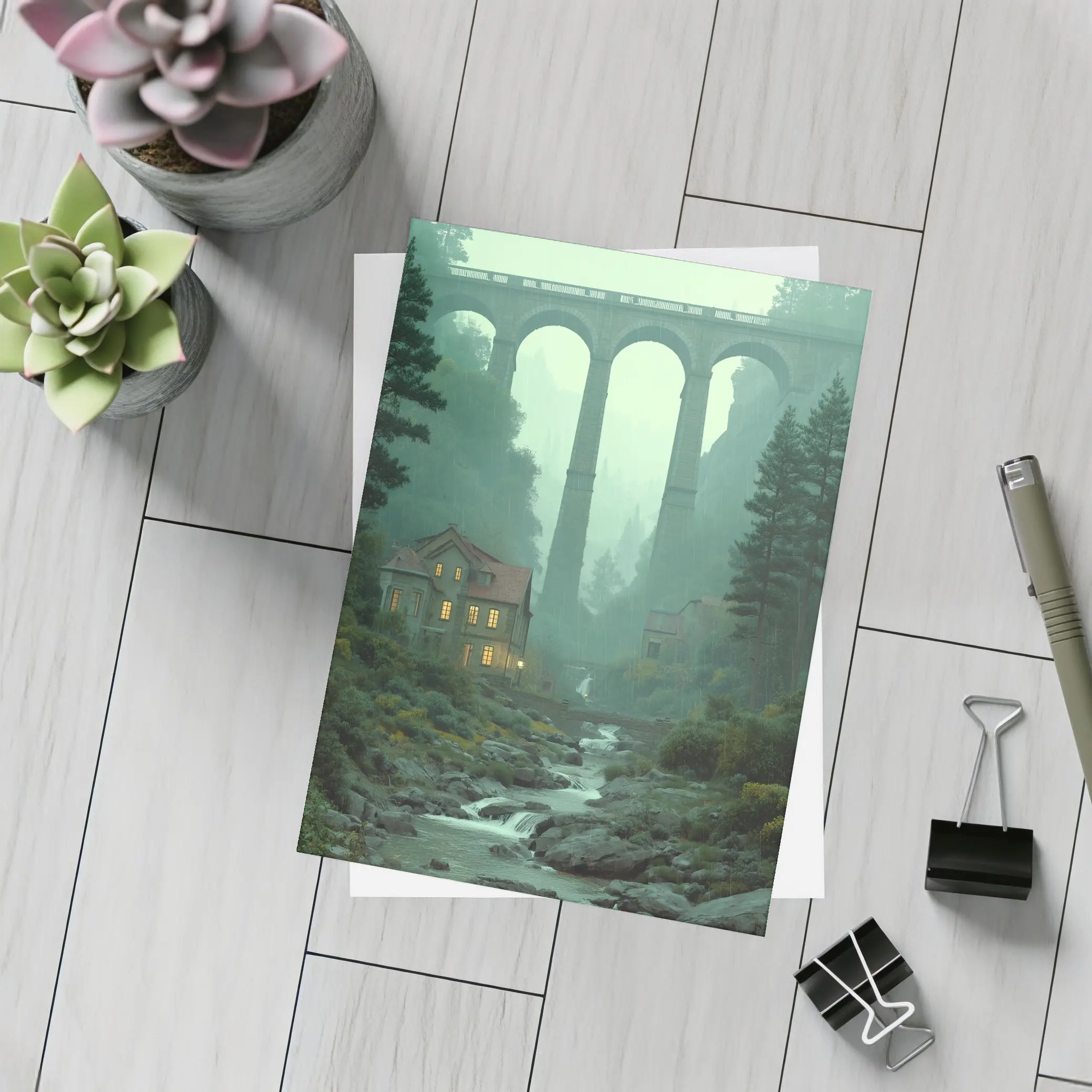 Stone Viaduct Bridge Forest River Misty Landscape – Postcards