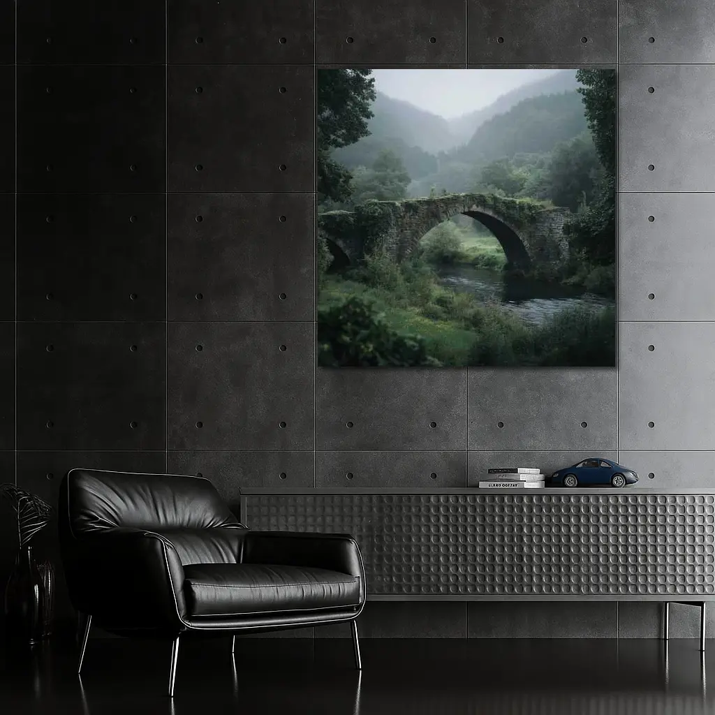 Ancient Stone Arch Bridge Misty Forest River – Wall Art