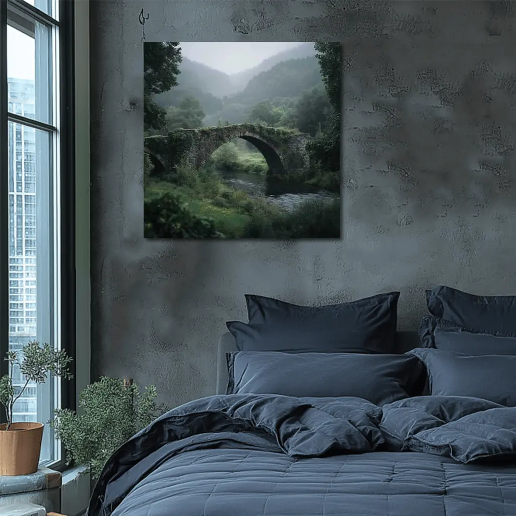 Ancient Stone Arch Bridge Misty Forest River – Wall Art