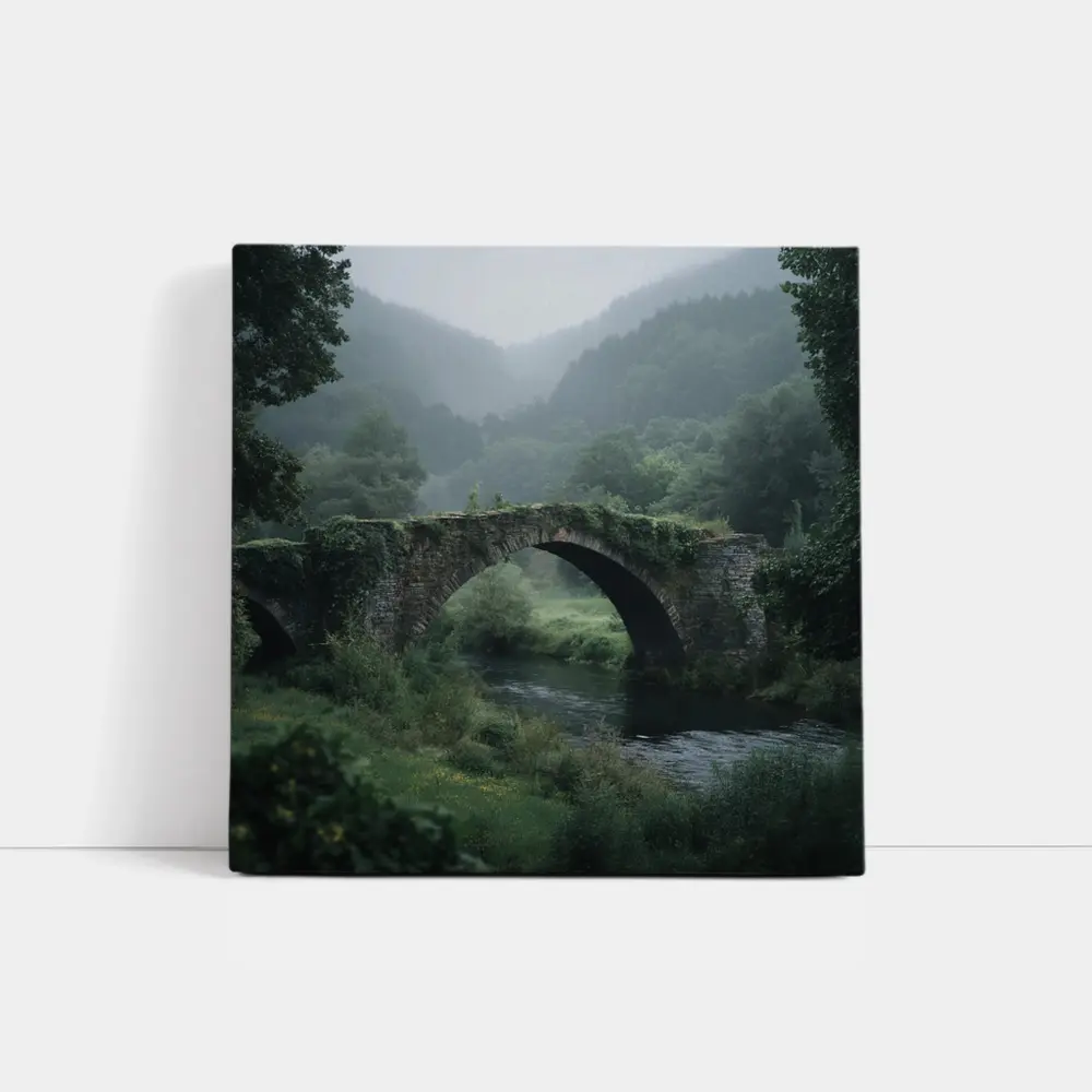 Ancient Stone Arch Bridge Misty Forest River – Wall Art
