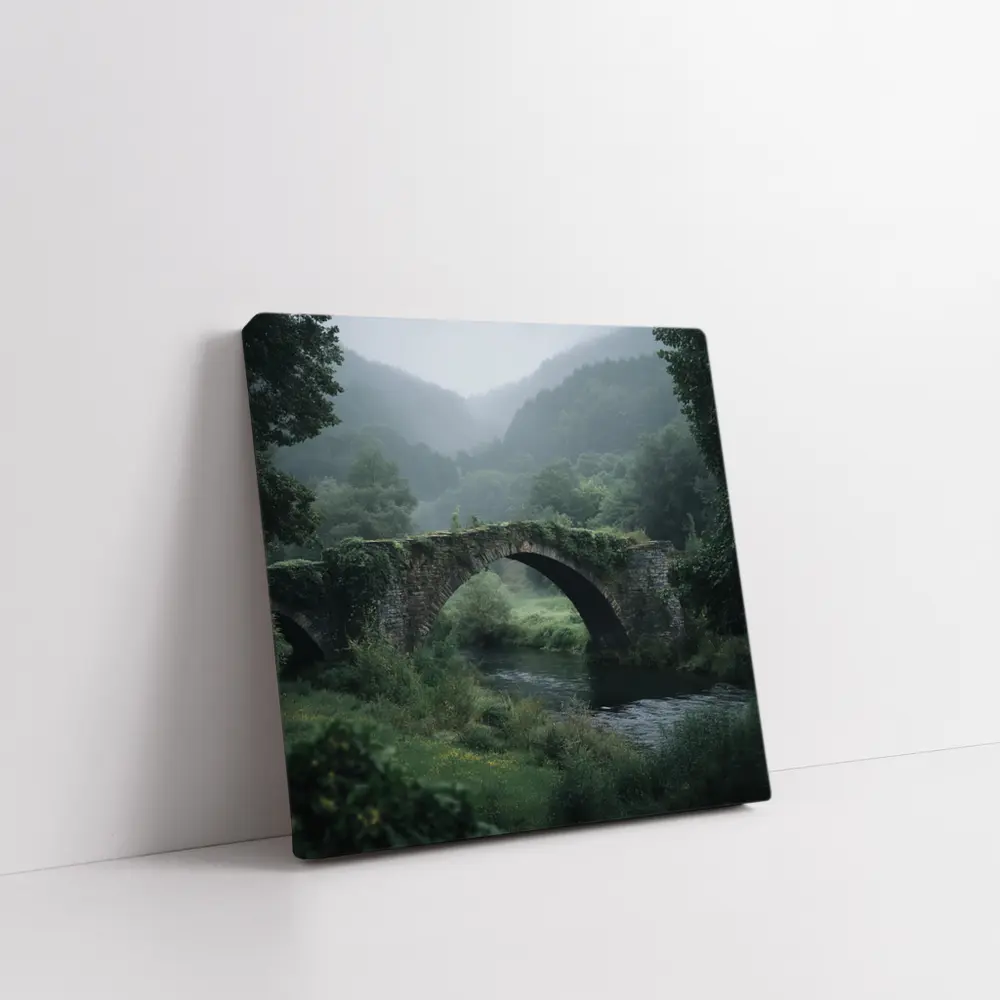 Ancient Stone Arch Bridge Misty Forest River – Wall Art