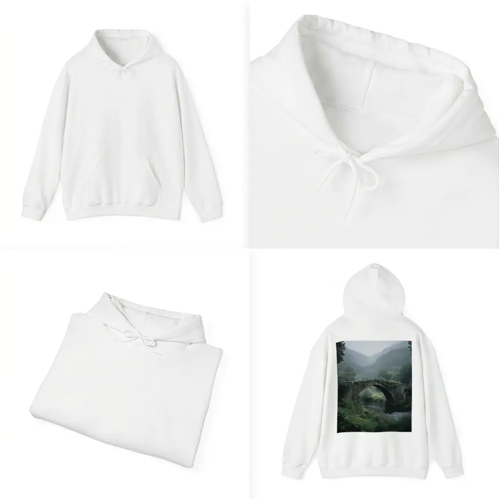 Ancient Stone Arch Bridge Misty Forest River – Hoodies