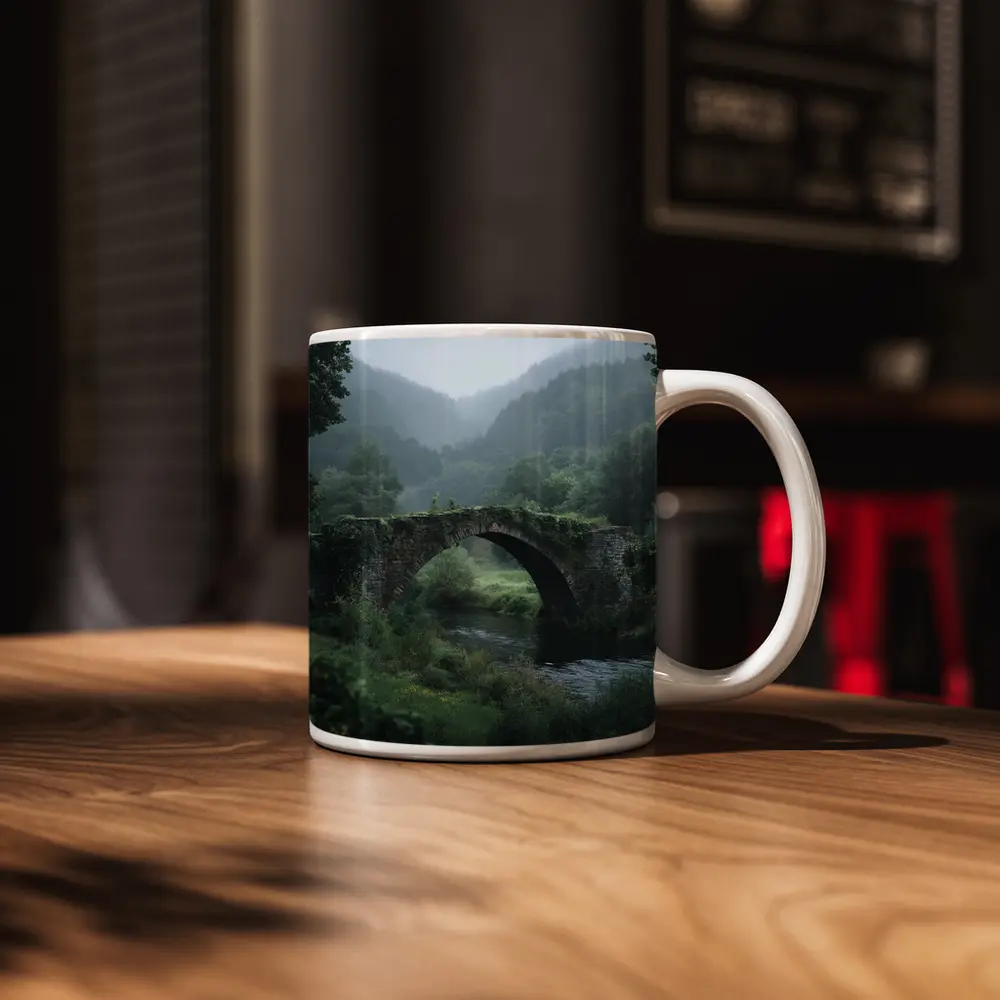 Ancient Stone Arch Bridge Misty Forest River – Mugs