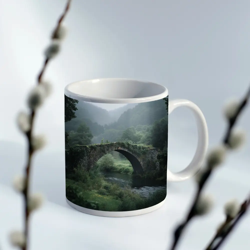 Ancient Stone Arch Bridge Misty Forest River – Mugs